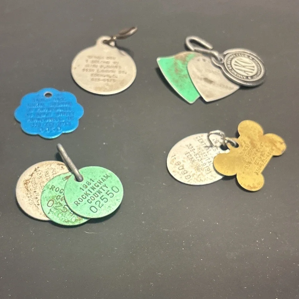 Vintage Dog Tags Lot of 5 AKC Rabies Vaccination Pet ID Eden NC Milk Bone